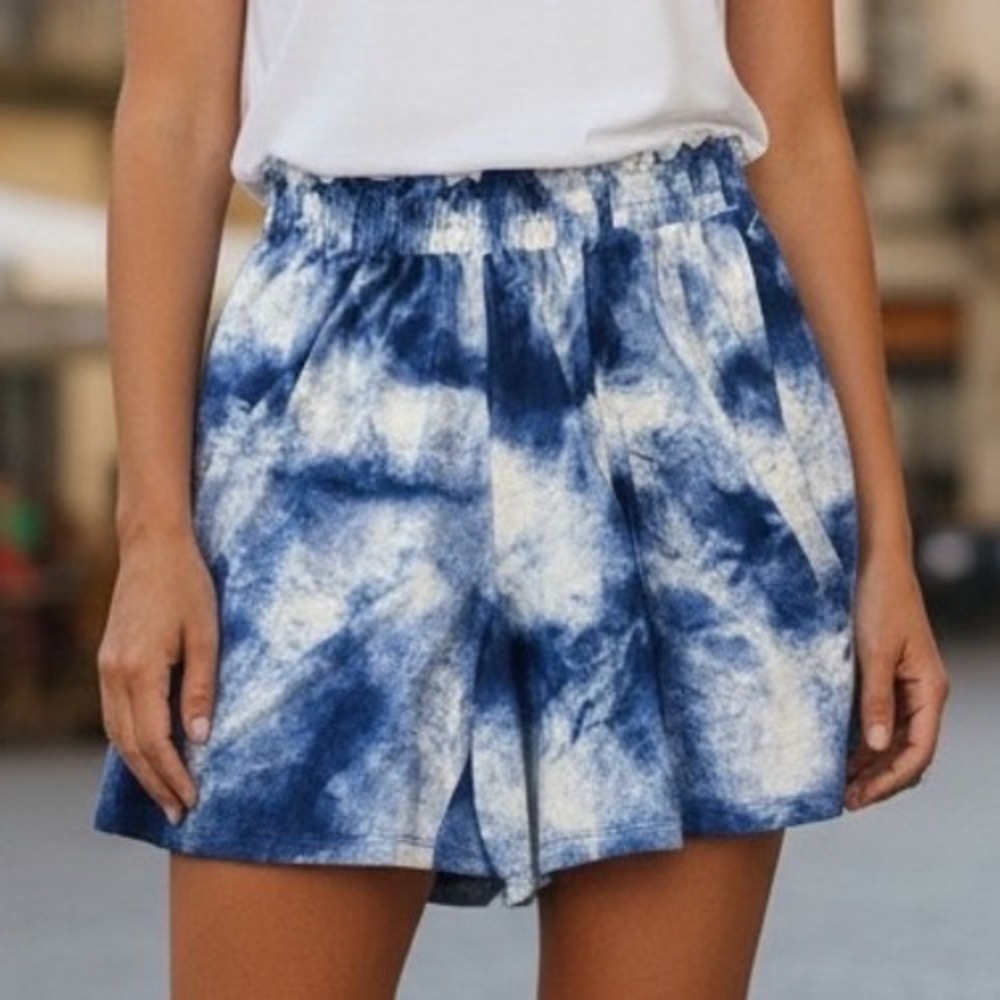 LuLaRoe Blue White Tie Dye Paperbag Waist Flowy Shorts‎ Loungewear Boho Festival